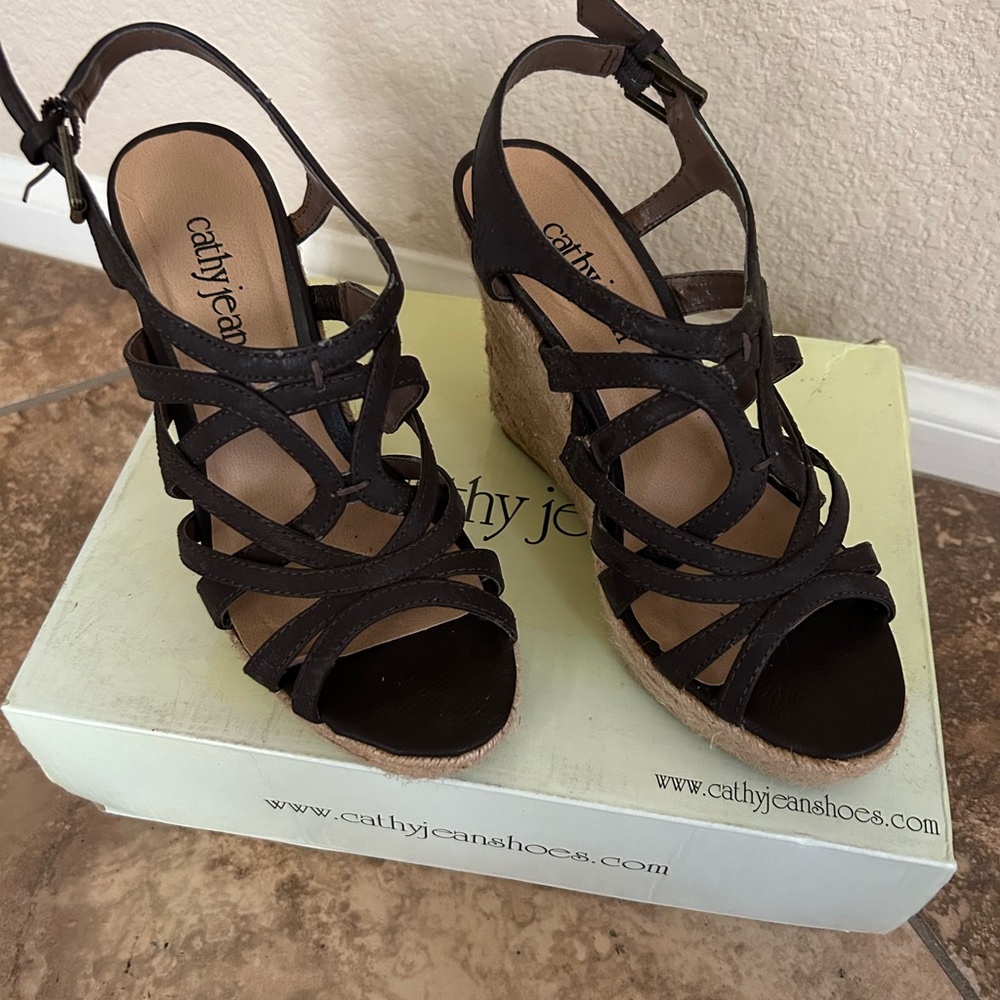 Cathy Jean Dark Brown Strappy Wedge Heels